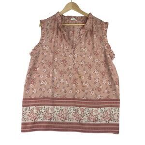 Perch Sleeveless Cottage Blouse Women's 2X Pink Ditsy Floral Feminine Ruffle